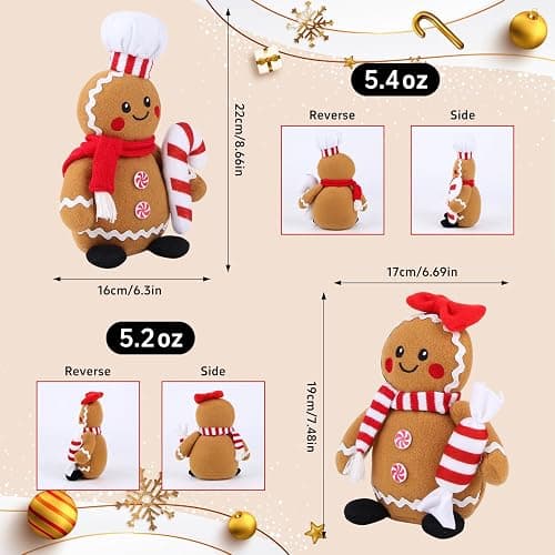 BWFY Christmas Gingerbread Man Plush Toys Set of 2, Festive Gingerbread Couple Stuffed Animals with Candy Props, Xmas Decorations & Gifts, Christmas Holiday Home Decor thumbnail 3