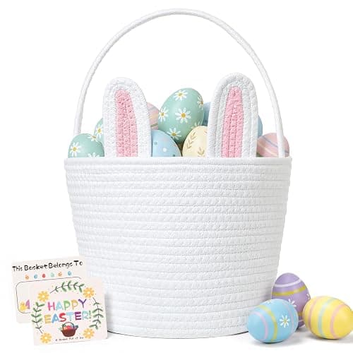 BEIYANA Easter Basket for Kids, Cute Bunny Easter Basket with Removable Ears & Writable Name Tag, Personalized Cotton Rope Woven Empty Easter Basket, First Easter Gift for Toddlers Boys Girls (Pink) - Image 1
