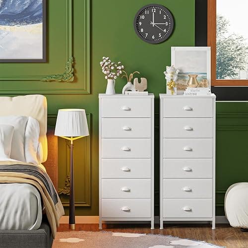 Furnulem White Dresser for Bedroom, 6 Fabric Drawers Chest of Drawers | Tall Skinny Dresser for Closet, Vertical Storage Tower Unit, Tall Nightstand for Dorm, Living Room, Metal Frame, Wooden Top thumbnail 8