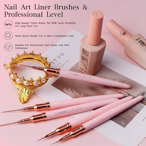 5pcs Nail Art Liner Brushes, Liner Brush For Nails Gel, Painting Art Design Brush Set Nail Dotting Drawing Tool For Long Lines, Thin Details, Fine Drawing Sizes 7/9/11/15/25 mm (Pink) thumbnail 4
