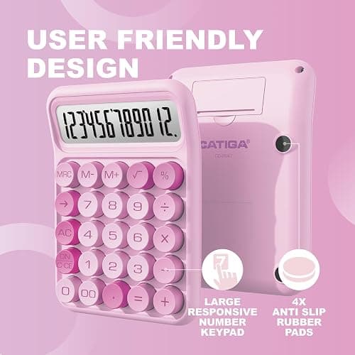 CATIGA Mechanical Switch Calculator, Pink Calculator with 12 Digit Large LCD Display & Big Buttons for Office Desk, Classroom Math, Back to School Supplies, Cute Aesthetic Desk Accessories thumbnail 3
