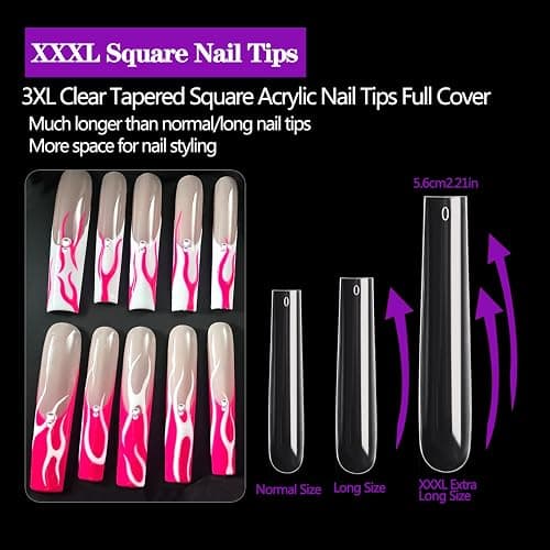 3XL Square Nail Tips, 240PCS Clear Full Cover Artificial False Nails Tips, Extra Long Square No C Curve Acrylic Nail Tips, XXXL Tapered Fake Nails for Salons Home DIY Nail Art 12 Sizes thumbnail 2