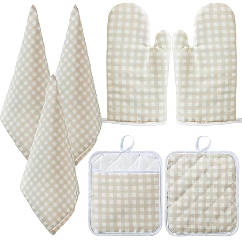 Patelai 7 Pcs Buffalo Check Dish Towels Pot Holders Oven Mitts Set Cotton Plaid Kitchen Dish Towels Non-Slip Heat Resistant Oven Mitts and Pot Holders for Cooking Baking (Light Yellow with White) - Image 1