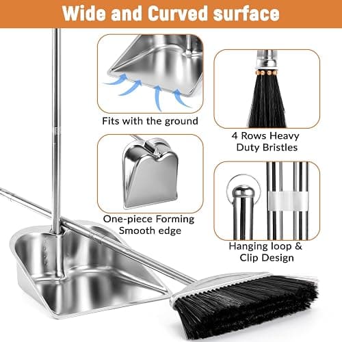 VOOWO Broom with Dustpan Combo Set, 46" Stainless Steel Broom and Dustpan Set for Home, Heavy Duty Dust Pan with Long Handle, Broom for Sweeping Indoor and Outdoor, Kitchen Broom and Dust Pan (Black) thumbnail 3