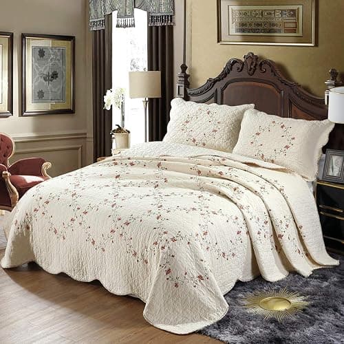 vctops 3-Piece Floral Embroidered Bedspread Coverlet Set Twin Size 100% Cotton Reversible Patchwork 1 Quilt and 2 Pillow Shams (Flower,Twin) thumbnail 2