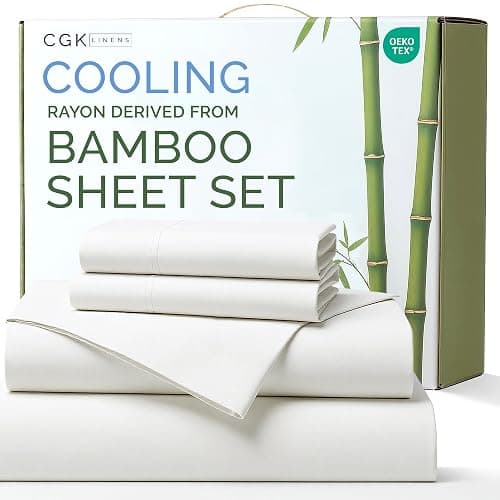 Bamboo Sheets King Size - Cooling Sheets for King - 100% Rayon Derived From Bamboo - Ultra Soft, Breathable & Hotel Luxury Bedding - 1 Flat & 1 Fitted & 2 Pillowcases w/ 16 Inch Deep Pockets - White - Image 1
