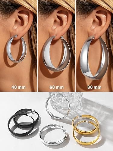 FOCALOOK 14K Chunky Gold Hoops, Hypoallergenic Lightweight Large Thick Wide Silver Hoop Earrings for Women 40/60/80mm thumbnail 6