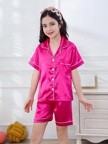 DIPUG Girls Silk Pajamas Set Satin Pjs for Kids Comfortable Nights Sleepwear - Short Sleeve Shorts Set - 10-11 Years - Hot Pink thumbnail 2