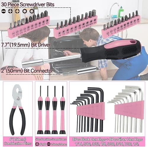 MARTCOLOR 58 Piece Household Tool Set, General Household Hand Tool Kit with Plastic Toolbox Storage Case, All Purpose Household Tool Kit for Women, Girls and Ladies, Pink thumbnail 3