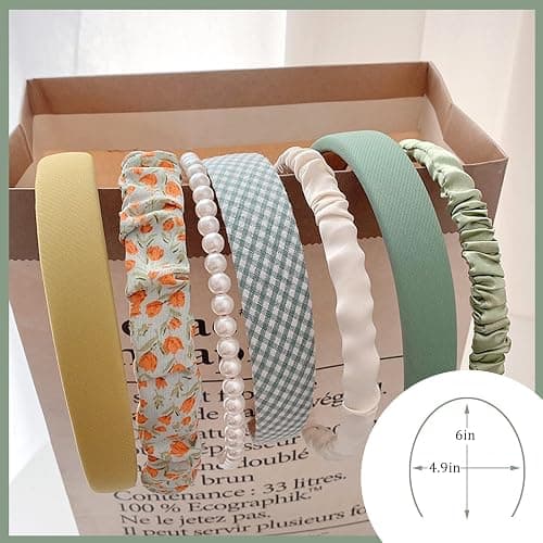YONOY 7Pcs Fashion Headband Set for Women & Girls with Different Designs - Non Slip Floral, Pearl and Vintage Wide Headbands (Green) thumbnail 5