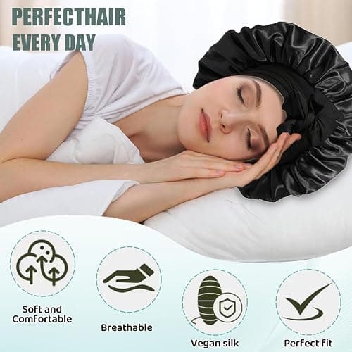 2Pcs Silk Bonnet for Sleeping, Satin Bonnet with Tie Band for Curly Hair Braid Women Black thumbnail 3