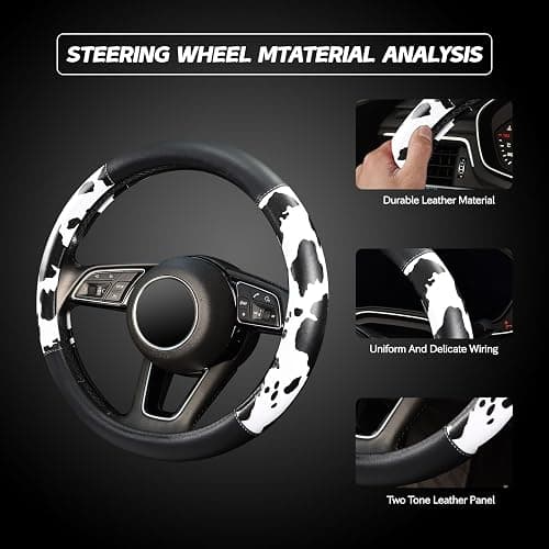 Cow Print Steering Wheel Cover, Universal 14.5-15 inch Breathable Microfiber Leather Anti-Slip Car Steering Wheel Protector for Women Men, Black&White thumbnail 4