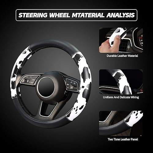 Cow Print Steering Wheel Cover, Universal 14.5-15 inch Breathable Microfiber Leather Anti-Slip Car Steering Wheel Protector for Women Men, Black&White thumbnail 5