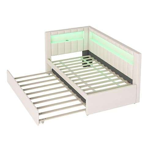 MKABAK Twin Size Daybed with Trundle and L-Shaped Bookshelf Headboard, Linen Upholstered Soft Corner Bed with Storage Shelves, Charging Station and LED Belt for Kids Boys Girls, White thumbnail 7