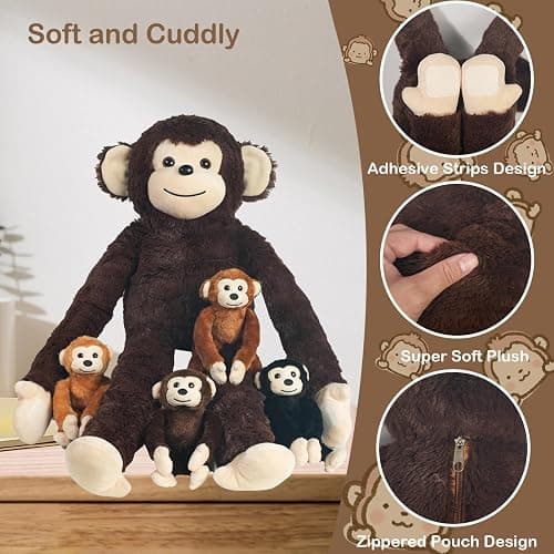 5 PCS Monkey Stuffed Animal, Large Huggable Stuffed Monkey Toy with 4 Baby Monkeys Inside, Hanging Plush Monkeys with Hook and Loop Suprise Gifts for Kids Christmas Birthday Jungle Forest Party Decor thumbnail 4