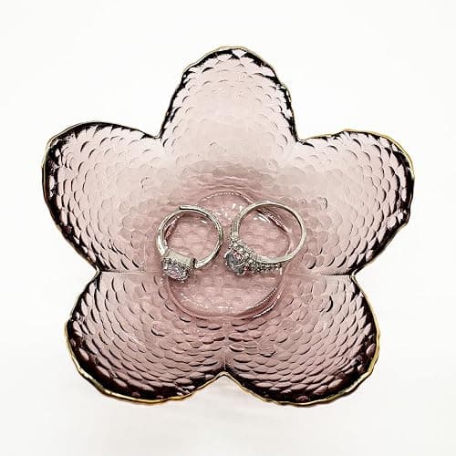 BROSEBEAQ Small Pink Glass Jewelry Dish Tray, Bathroom Jewlery Tray, Flower Ring Dish Jewlry Plate, Crystal Engagement Jewerly Ring Holder for Women, Nightstand Decor Trinket Jewelry Bowl Gift for Mom thumbnail 6