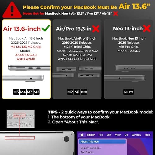 EooCoo Coque pour MacBook Air 13 Pouces M5 M4 M3 M2 2026-2022 Mat Noir | Agréable au Toucher, Étui Rigide Fine Compatible pour MacBook 13,6" Housse de Protection en Polycarbonate, Facile à Installer thumbnail 2