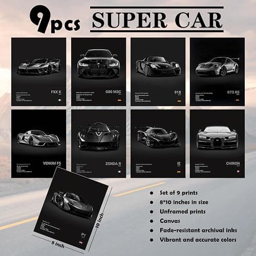 CSLGQGV Car Poster Vintage Racing Car Wall Art Supercar Canvas Prints Painting For Men Room Pictures Guys Dorm Room Aesthetics Decor Bedroom Office (Unframed,8×10inch,9pcs) black thumbnail 4