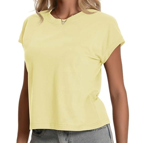 Trendy Crewneck Cap Sleeve Cotton Loose Pullover Casual Womens Summer Tops | cotton summer lightweight comfy athletic daily holiday casual tops for women, great match with skinny jeans shorts sneakers thumbnail 4