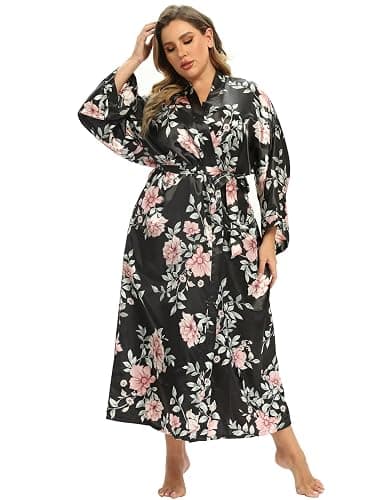 feslieacc Women's Floral Long Satin Robes Plus Size Long Silk Robes Peacock Floral Kimonos Sleepwear Dressing Gown thumbnail 4