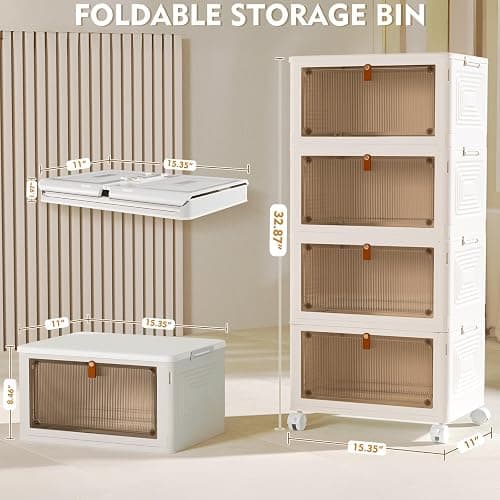 YFXCVSL 4 Tier Plastic Storage Bins with Lid 23QT, Stackable Storage Containers with Wheels, Folding Storage Boxes, Collapsible Storage Bins, Closet Organizers and Storage for Living Room,Office,Dorm thumbnail 2
