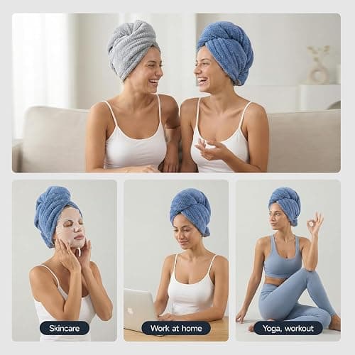 REDKISS Microfiber Hair Towel Wrap for Women, Double Sided Hair Towels with Elastic Strap, Super Absorbent Quick Dry Hair Drying Towel for Long, Thick, Curly Hair, Anti-Frizz Turban (Blue & Gray) thumbnail 9