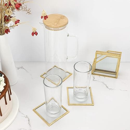 JuxYes Set of 7 Glass Coasters with Holder, Gold Elegant Cup Coasters for Coffee, Tea, Wine - Square Brass Edge Glass Mats for Coffee Table thumbnail 8