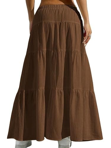 DERAX Women's Boho Flowy White Maxi Skirt Flared Ruffle Elastic Waist Summer A Line Long Skirts thumbnail 2