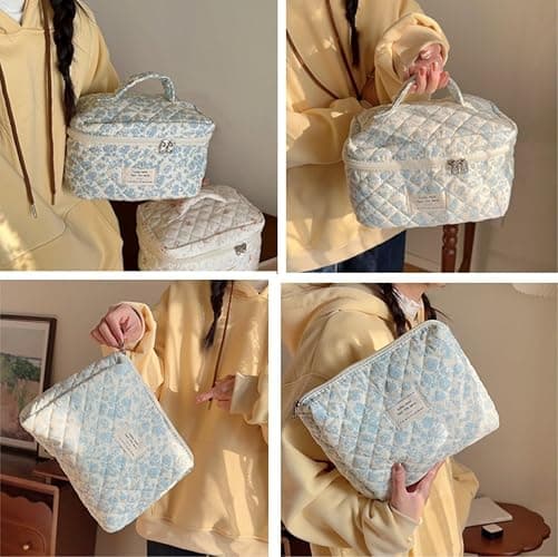 Dkieuyu 3Pcs Cotton Quilted Makeup Bag Set, Cute Floral Makeup Bags, Large Travel Coquette Make up Bag Cosmetic Bag Toiletry Organizer Bag for Women Girls (A) thumbnail 4
