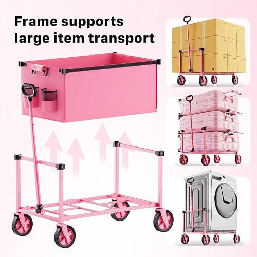 Hombetta Collapsible Wagon Cart with Wheels, 150L Lightweight Foldable Utility Cart, Portable Rolling Wagon for Garden, Shopping, Sports, Camping, Transport, Pink thumbnail 7