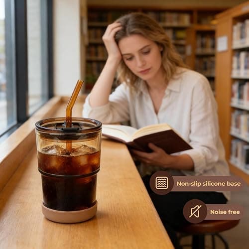 13 oz Glass Iced Coffee Cups with Lid and Straw, Leak Proof Glass Tumbler for Ice Tea, Water, Non-Slip Silicone Bottom, Thick Wall Drinking Glasses for Home/Office, BPA Free, Amber 2 Pack thumbnail 6