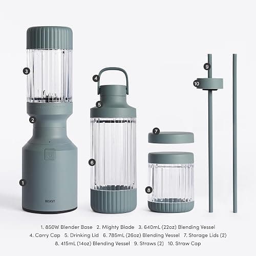 Beast Mighty 850 Plus | Premium Compact Personal Blender | Smoothies, Shakes, Dressings, Sauces | Blends Ice and Frozen Fruit | New XL Vessel | Extra Vessels, Lids and Straws | 850W (Mist) thumbnail 8