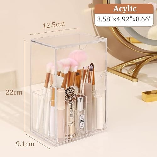 LOHRYVIO Acrylic Makeup Brush Holder with Slanted Flip-Top Lid - Clear Dustproof Cosmetic Make up Brush Organizer and Storage Box - Large Capacity 17-Slots Container for Vanity Brushes (Transparent) thumbnail 2