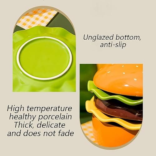 Playful 3D Hamburger Ceramic Plate Set, Playful Stackable Dessert Bowls and Decorative Burger-Shaped Platter Set, Oven Safe and Dishwasher Friendly, Ideal for Parties, Family Dinners, and Kid thumbnail 6