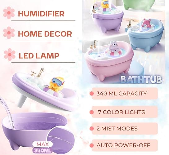 Mini Humidifier for Bedroom, Ultrasonic Cool Mist USB Powered Cute Bathtub Small Air Humidifier. Portable Bedroom Desk Plants & Baby Nursery. Home Decor. Silent & Auto Shut-Off (Bunny) thumbnail 2