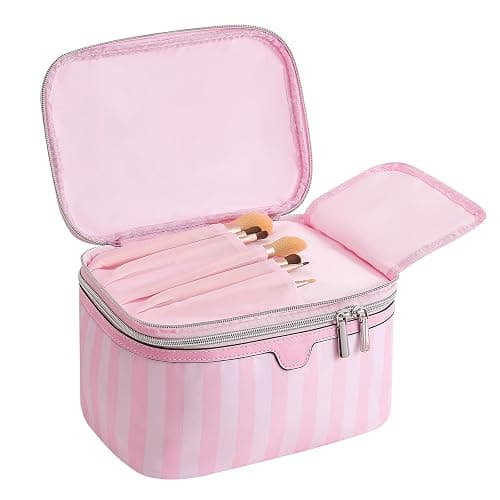 Lestikave Cute Pink & White Large Capacity Stripe Makeup Case with Compartments,Nylon Travel Essentials Coquette Cosmetic Bag, Toiletry Brush Bag With Handle and Divider for Women Girls (02Top Open) thumbnail 6