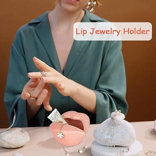 Trycooling Ceramic Red Lips Lipstick Ring Holder Jewelry Tray Rack Decorative Cosmetic Storage Display Holder Desktop Hairpin Storage Organizer Birthday Choice (Pink) thumbnail 2