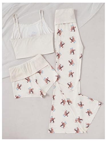 MakeMeChic Women's 3 Piece Pajama Set Cute Printed Lace Cami Crop Top and Pleated Shorts with Pants Sleepwear thumbnail 2