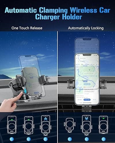 Wireless Car Charger, Fast Charging Phone Holder 3 in 1 Phone Mount Auto Clamping Car Accessories Compatible with iPhone 17 16 15 14 13 12 11 Xs XR, Samsung S23 Ultra S22 S21 S20/S10+ S9+ Note 9 thumbnail 5