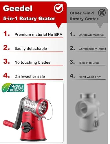 Geedel Rotary Cheese Grater Cheese Shredder - Upgraded 5-in-1 Cheese Grater with Handle and Strong Suction Base, Multi-purpose Vegetable Slicer Ice Shaver Nuts Grinder for Ice, Vegetables, Fruit, Nuts thumbnail 3