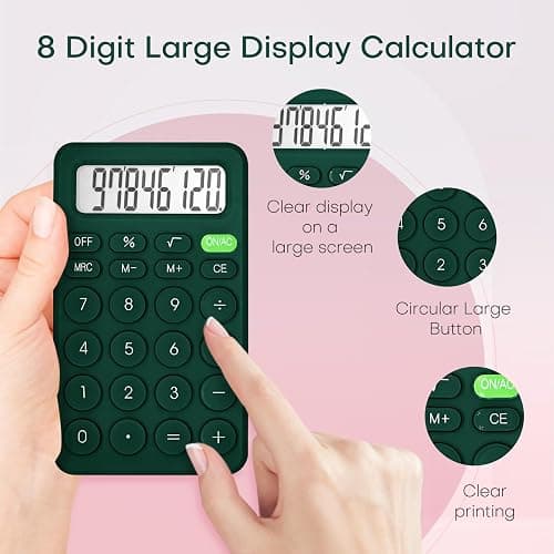 Cute Calculator, Basic Four Function for Teachers Students Basics Office, Small Handheld Calculators, 8 Digit with LCD Display, Sensitive Button, 5.5×3.2 inches Deep Green thumbnail 2
