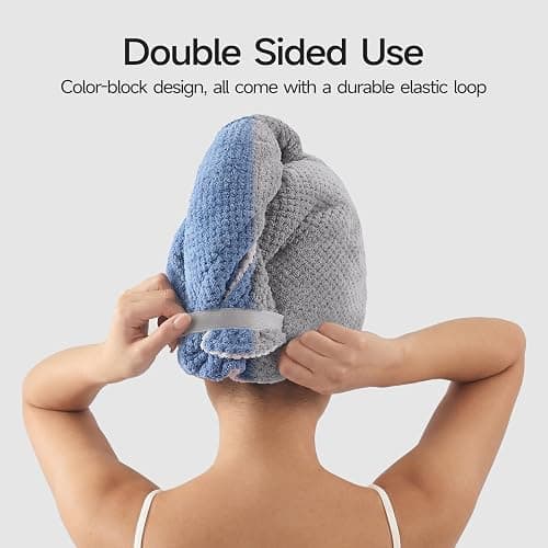REDKISS Microfiber Hair Towel Wrap for Women, Double Sided Hair Towels with Elastic Strap, Super Absorbent Quick Dry Hair Drying Towel for Long, Thick, Curly Hair, Anti-Frizz Turban (Blue & Gray) thumbnail 3