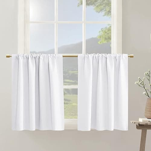 White Short Kitchen Curtains 24 Inch Length Blackout Rod Pocket Darkening Thermal Insulated Privacy Window Treatment Small Camper Curtain Drapes for Bathroom Travel RV (2 Panels, 42 by 24 Inches) - Image 1
