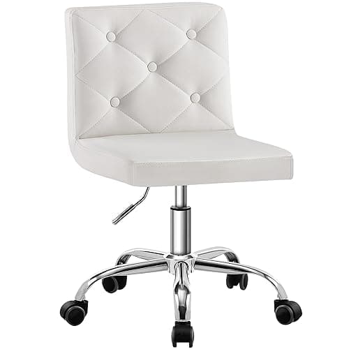 VECELO PU Leather Mid-Back Armless Vanity Chair Adjustable Height 360° Rolling Swivel for Home Office Work, White - White