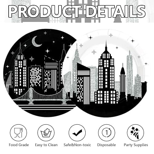Grencian 50 Pcs New York City Skyline Paper Plates 9 Inch | NYC Building Disposable Plates City Skyscraper Building Dessert Plates for American 4th of July Holiday Urban Bday Supplies thumbnail 7