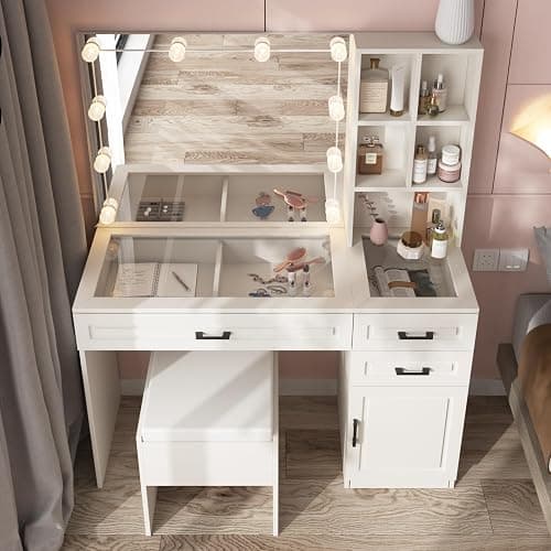 Fameill White Vanity Desk with Mirror and Lights,Glass Top Vanity Table with 3 Drawers and Cabinets,Large HD Mirror Makeup Desk,3 Lighting Modes, Brightness Adjustable,45 in(L) thumbnail 3