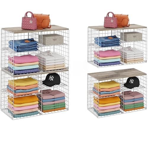 2 Pack Closet Shelf Organizer, Closet Organizers and Storage Shelves With Adjustable Dividers, Stackable Storage Bins Baskets For Clothes Sweaters Jeans Jackets, With Wooden Board, 8 Compartments - Image 1