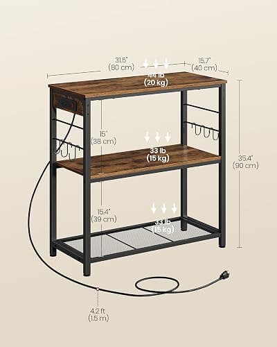 VASAGLE Kitchen Island with Power Strip, Microwave Oven Stand, Kitchen Shelf, Baker's Rack with 3 Open Shelves, 6 Hooks, Metal Frame, 15.7 x 31.5 x 35.4 Inches, Rustic Brown and Black UKKI102KD02S thumbnail 3