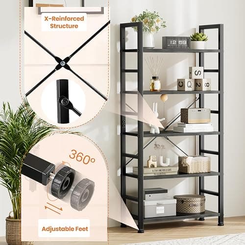 Sweetcrispy Book Shelf, 5 Tier Bookcase, Modern Tall Bookshelf for Garage Kit, CDs, Movies, Industrial Corner Storage Organizer for Bedroom Home Office Kitchen Living Room, Black thumbnail 6