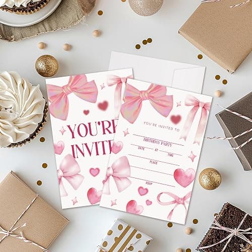 Doreen's Boutique Pink Bow Birthday Invitations for Girls, 20 PCS Double Sided Birthday Party Invitations with Envelopes, 4x6 Inches Coquette Party Invites-11 thumbnail 2